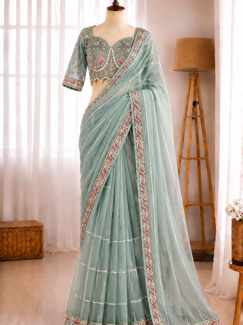 Seafoam Green Embroidered Net Saree with Matching Blouse Piece